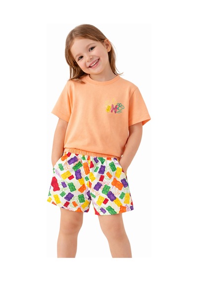 Haribo Lisanslı Geometrik Şortlu Kız Çocuk T-shirt Şort Takım Somon