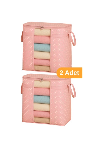 Serstil 2 Adet - Pencereli Saklama Çantası 50 X 45 X 30 Cm - Pembe Benekli