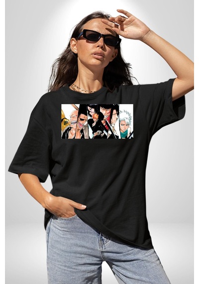 Bleach Anime Pamuklu Bisiklet Yaka Unisex Oversize Boyfriend Dijital Baskılı Siyah T-shirt Siyah