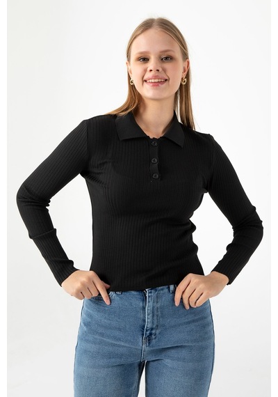 Giysa Kadın Polo Yaka Düğme Detaylı Fitilli Triko Body Siyah - 25k 2057 Siyah