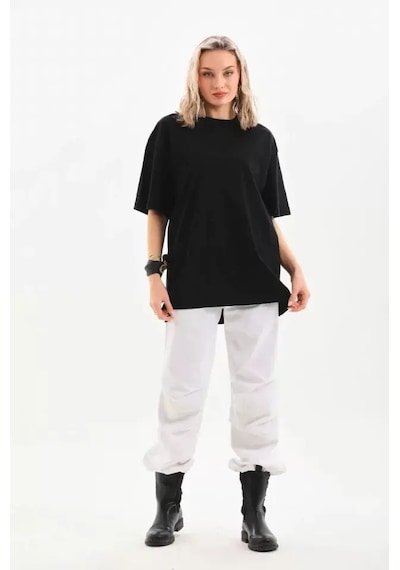 Unisex Bisiklet Yaka 20/1 Düz Oversize T-shirt - Siyah Siyah Unisex Bisiklet Yaka 20/1 Düz Oversize T-shirt - Siyah Siyah