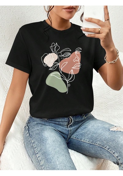 Portrait & Flower Baskılı Oversize Tshirt Siyah