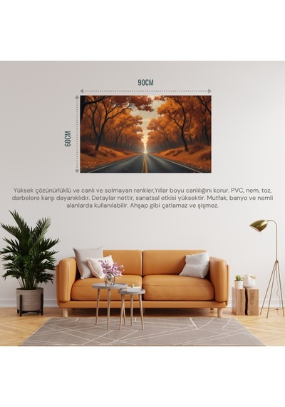 Doğa Ve Manzara Yatay Sonbahar Ağaçlarının Arasında Ufka Doğru Uzanan Yalnız Yol 01 Çerçevesiz 90x60cm Pvc Tablo
