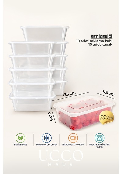 10 Adet 750ml Saklama Kabı Seti Plastik Buzluk, Erzak, Yemek Hazırlık & Mutfak Düzenleme Kutuları Şeffaf