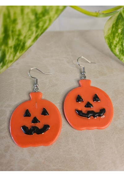 El Yapımı Polimer Kil Küpe - Paslanmaz Çelik Aparatlı Turuncu Cadılar Bayramı Bal Kabağı Figürlü Sallantılı Küpe Spooky Pumpkin