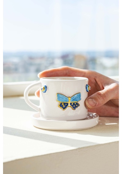 Rivaistanbul Kelebek Amore El Yapımı Seramik Double Kahve Fincanı Mug Kupa Krem