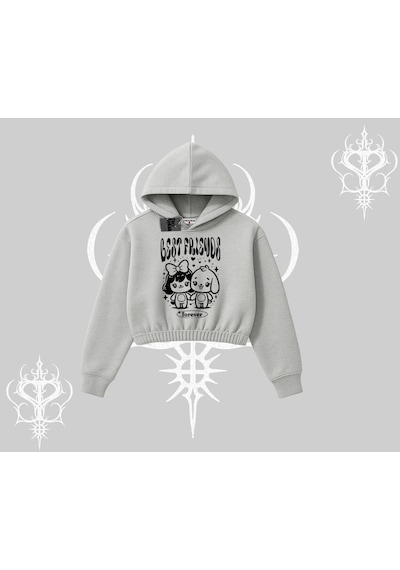 Startmore Kapşonlu Crop Sweatshirt Best Friends Forever Baskılı Sevimli Tasarım Gri