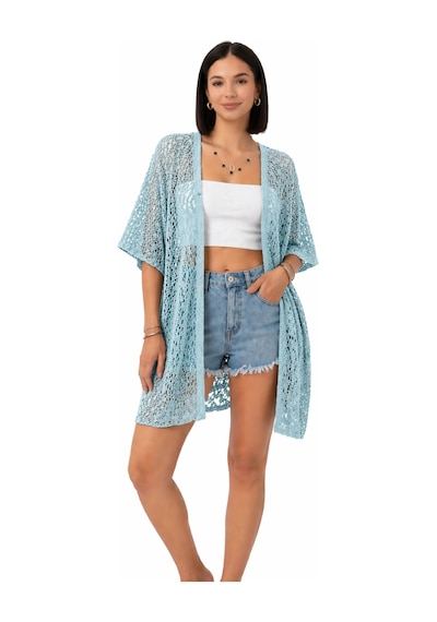 Trend Alisse Kadın Dantel Görünümlü File Kimono Pareo Hırka Turkuaz