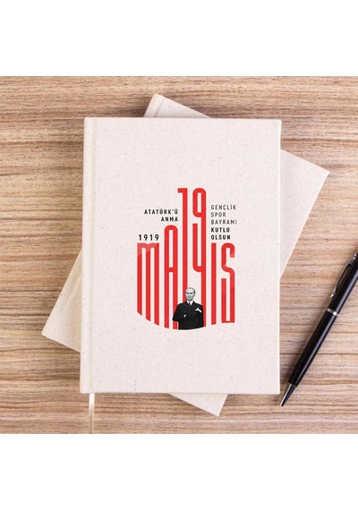 19 Mayıs Tipografik Dikey Kremçizgisiz Kanvas Defter Krem