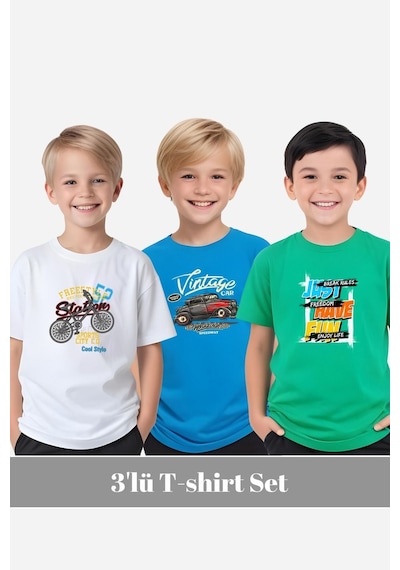 Fyk Kids Erkek Çocuk Yuvarlak Yaka 3'lü Basketball-surf Al Day Baskılı T-shirt Çok Renkli