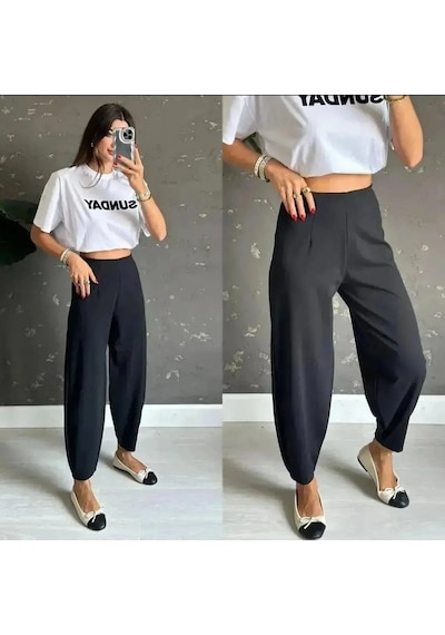 Nnstartshopping Kadın Krep Kumaş Balon Pantolon Siyah