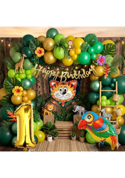 2 Yaş Pompa Hediyeli Safari Tema Folyo Kaplan Papağan Gold Rakam Yeşil Sarı Gold Balon Doğum Günü Süsü Çok Renkli