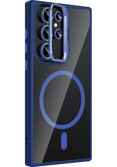 Adige Samsung Galaxy Uyumlu S22 Ultra Kılıf Etro Standlı + Kamera Lens Koruyucu Lacivert
