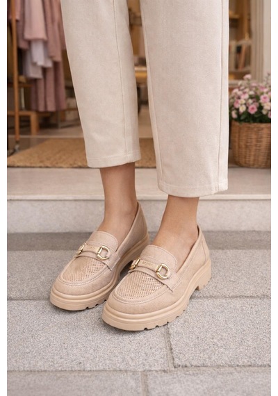 Kadın Nude Tokalı Loafer Ayakkabı Bej