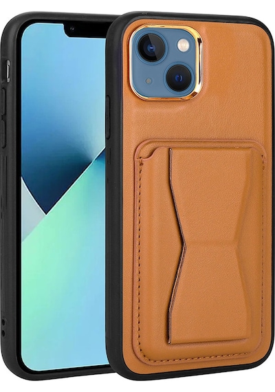 Kilifone - Apple Uyumlu iPhone 13 - Kılıf Kart Bölmeli El Tutacaklı Stand Olan Pu Deri Memo Kapak - Kahve Açık