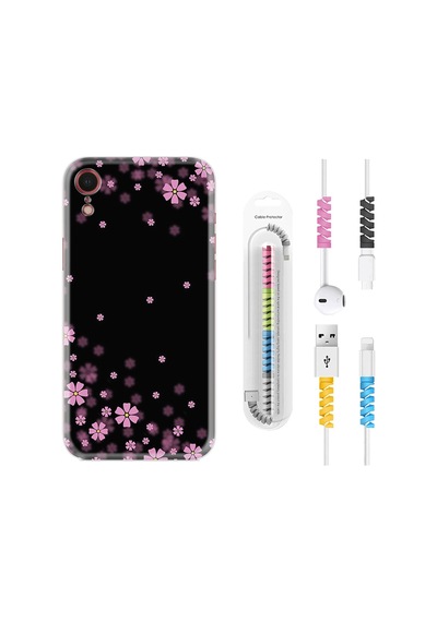 Apple Uyumlu iPhone XR Kılıf Kablo Koruyuculu Black Flowers 1391