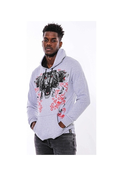Wessi Gri Taşlı Baskılı Kapşonşlu Sweatshirt Gri