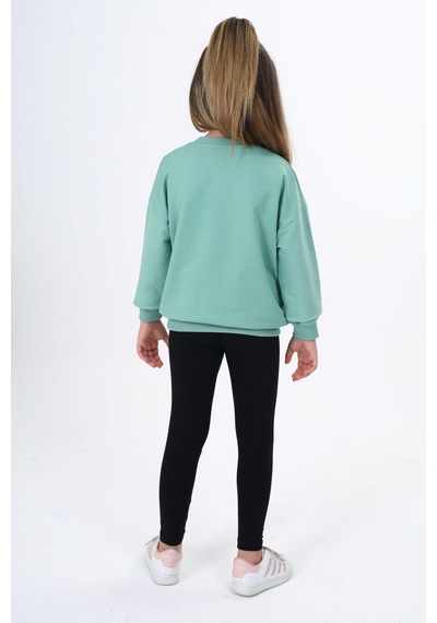 Toontoy Kids Toontoy Kız Çocuk 2'li Takım Baskılı Bisiklet Yaka Düşük Omuz Cepli Sweatshirt & Basic Düz Tayt Yeşil