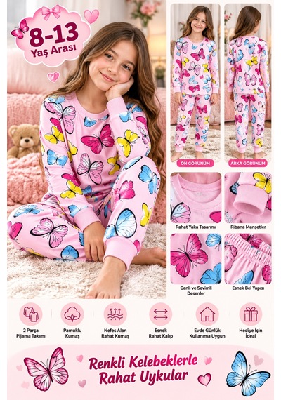 Üç Gül Ticaret Kız Çocuk 8-13 Yaş Kelebek Desenli Pijama Takımı Pamuklu Kumaş Pembe