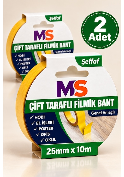 2 Adet Çift Taraflı Filmik Şeffaf Bant 25 Mm X 10 Metre Yapışkanlı Hobi Bandı El Çok Amaçlı Bantları