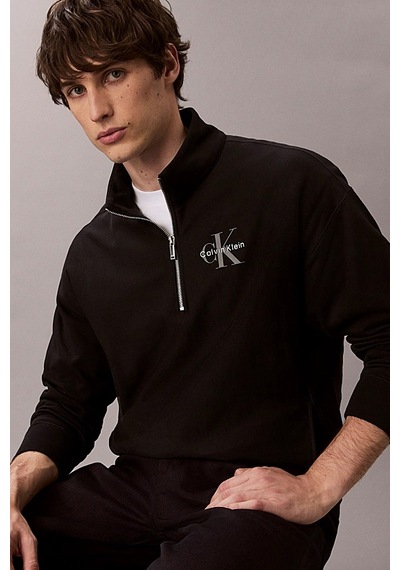 Calvin Klein Erkek Rahat Kalıp Yarım Fermuarlı Yüksek Yaka Sweatshirt - Siyah Black