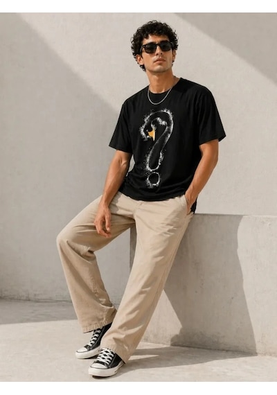 Defymoda Erkek Kuğu Figürlü Soru İşareti Baskılı Tişört Kısa Kol T-shirt - Siyah