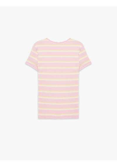 Koton Çizgili Pamuklu Bisiklet Yaka Kısa Kollu Slim Fit Tişört Sarı Çizgili 6sal10537ık