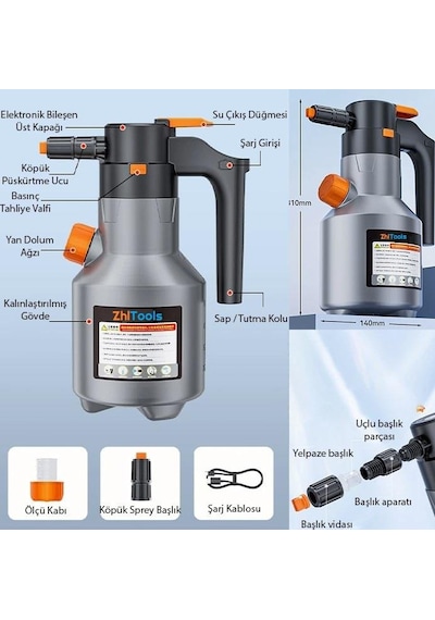 Zhltools 2l Yüksek Basınçlı Şarjlı Köpük Makinası Oto Yıkama Pompası Köpük Püskürtücü