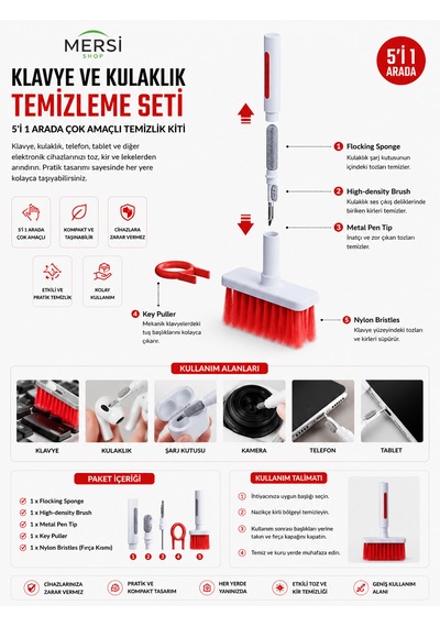 Klavye Ve Kulaklık Temizleme Seti 5'i 1 Arada Çok Amaçlı Temizlik Kiti