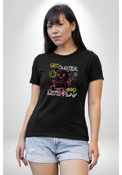 Dışarı Çık Ve Oynayalım Teddy Unisex Unisex Siyah Organik Baskılı T-shirt Penye Yüksek Kalite Siyah