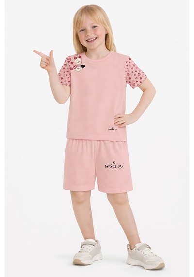 Name Baby & Kids Kız Çocuk Şortlu Yazlık Pijama Takımı Kedi Temalı Nbk-6144 Pudra
