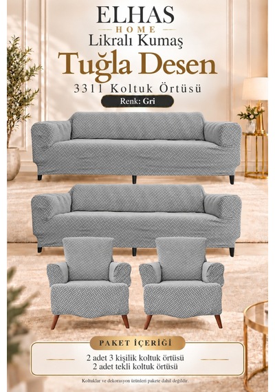 Likralı Kumaş Tuğla Desen 3311 Koltuk Örtüsü Kanepe, Koltuk Kılıfı Yıkanabilir, Esnek 1 Adet Gri - 934386711 Gri