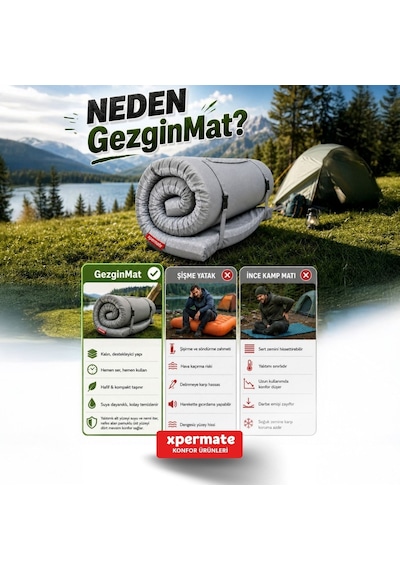 Xpermate Gezginmat Kamp Yatağı Tek Kişilik Taşıma Çantalı Kamp Matı 70 x 180 x 6 CM Gri
