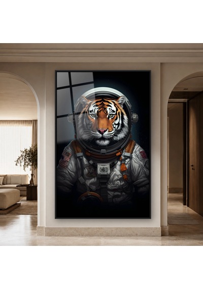 Astronot Kıyafetli Kaplan Portresi Siyah Çerçeveli Cam Tablo