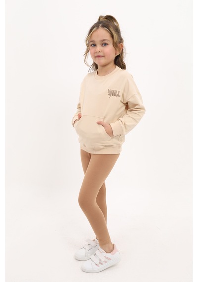 Toontoy Kids Kız Çocuk 2'li Takım Baskılı Bisiklet Yaka Düşük Omuz Sweatshirt & Basic Düz Tayt Bej Toontoy Kids Kız Çocuk 2'li Takım Baskılı Bisiklet Yaka Düşük Omuz Sweatshirt & Basic Düz Tayt Bej