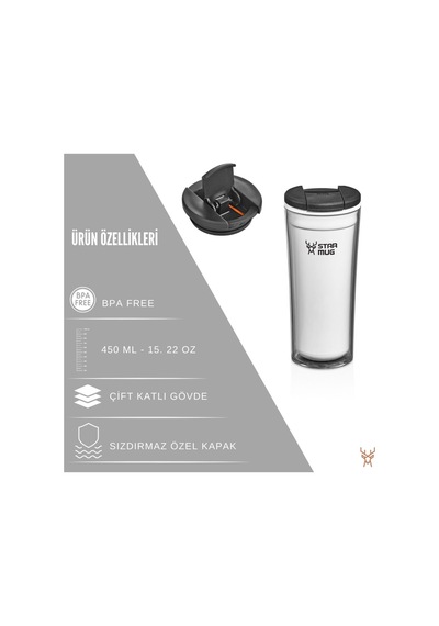 Star Mug 350 Ml Opak Seri - Beyaz Çift Katmanlı Mug - Piknik Kamp Outdoor Ofis Otel Kafe Okul Kampüs Beyaz