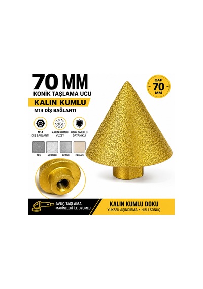 Senbang 70 Mm Konik Taşlama Ucu Kalın Kumlu M14 Bağlantılı Ahşap Oyma Taş Mermer Beton Şekillendirme Freze Ucu