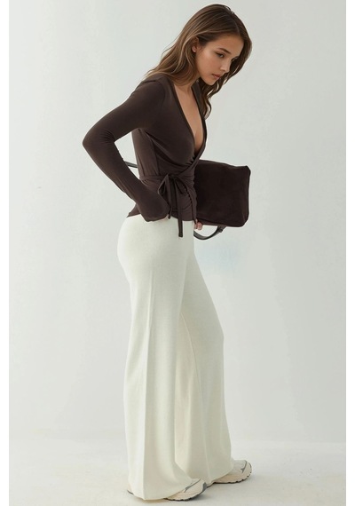 Hiccup Kruvaze Bağlama Detaylı Soft Kumaş Balerin Bluz Kestane Kahvesi