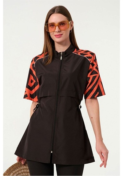 Tesmay Kadın Siyah Desenli 4 Parça Yarım Kapalı Tesettür Mayo Siyah