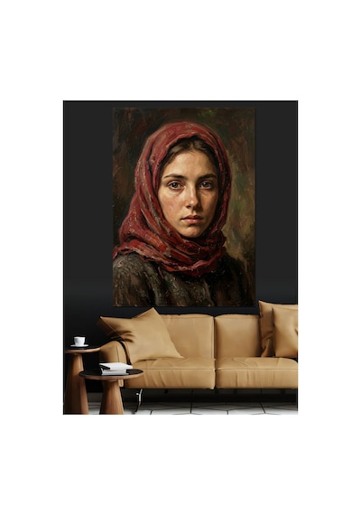 Kırmızı Başörtülü Yaşlı Kadın Portresi Yağlı Boya Dokulu Kanvas Tablo Canvas Tablosu