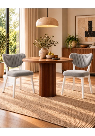2'li Elma Model Sandalye Gri Kumaş Beyaz Metal Ayaklı Modern Mutfak Ve Salon Sandalyesi Antrasit