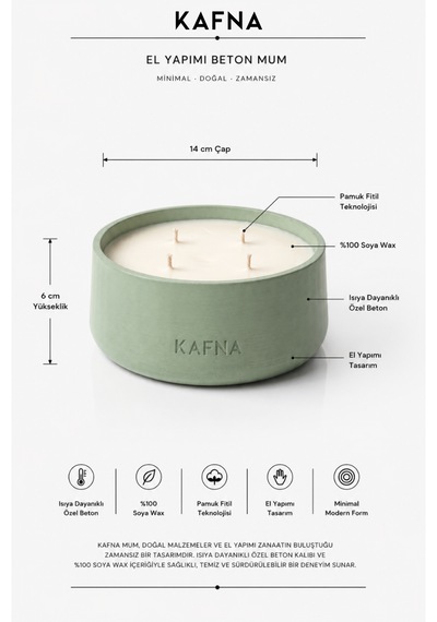 Kafna Matcha Kokulu Büyük Boy Dekoratif Beton Mum - %100 Soya Wax Yeşil Mint Yeşili
