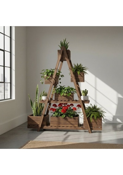 Wooddesign 150x150 Cm Doğal Ahşap A Formlu Çiçeklik Standı - 3 Katlı Büyük Boy Saksılık Kahverengi
