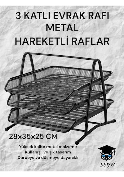 3 Katlı Metal Evrak Rafı Perfore Siyah Hareketli Raflar