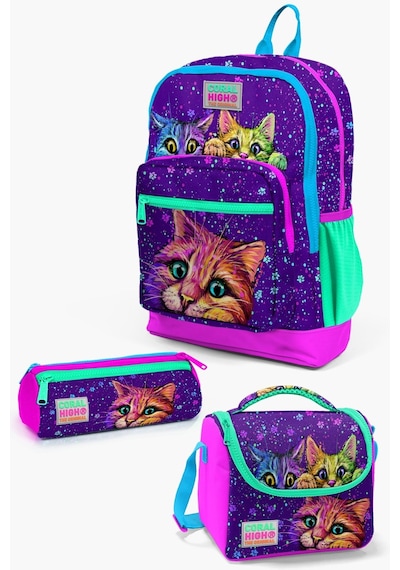 Coral High Kids Mor Pembe Kedi Desenli 3 Lü Okul Çanta Seti Set0123732