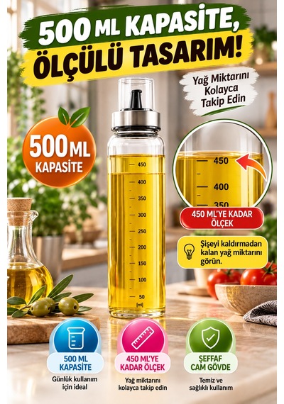500 Ml Cam Yağlık Ölçekli Yağdanlık Kontrollü Dökme Başlıklı Kapaklı Zeytinyağı Şişesi Ve Sosluk Şeffaf