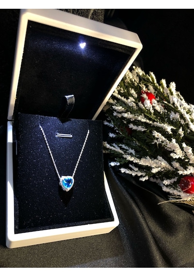 Vog 925 Ayar Swarovski Taşlı S Model Kalpli Kolye Gümüş - Mavi