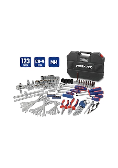 Workpro Wp202533 1/4' 3/8 1/2' 123 Parça Cr-v Metrik Ağır Hizmet Lokma Ve Kombine Anahtar Takımı