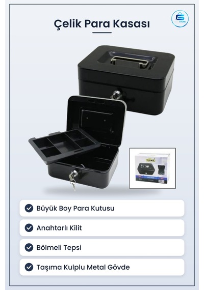 Çelik Para Kasası Büyük Boy Anahtarlı Tepsili Taşıma Kulplu Metal