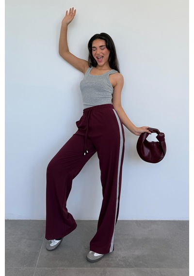 Madmext Bordo Şerit Detaylı Bol Paça Kadın Pantolon Mg2441 Bordo